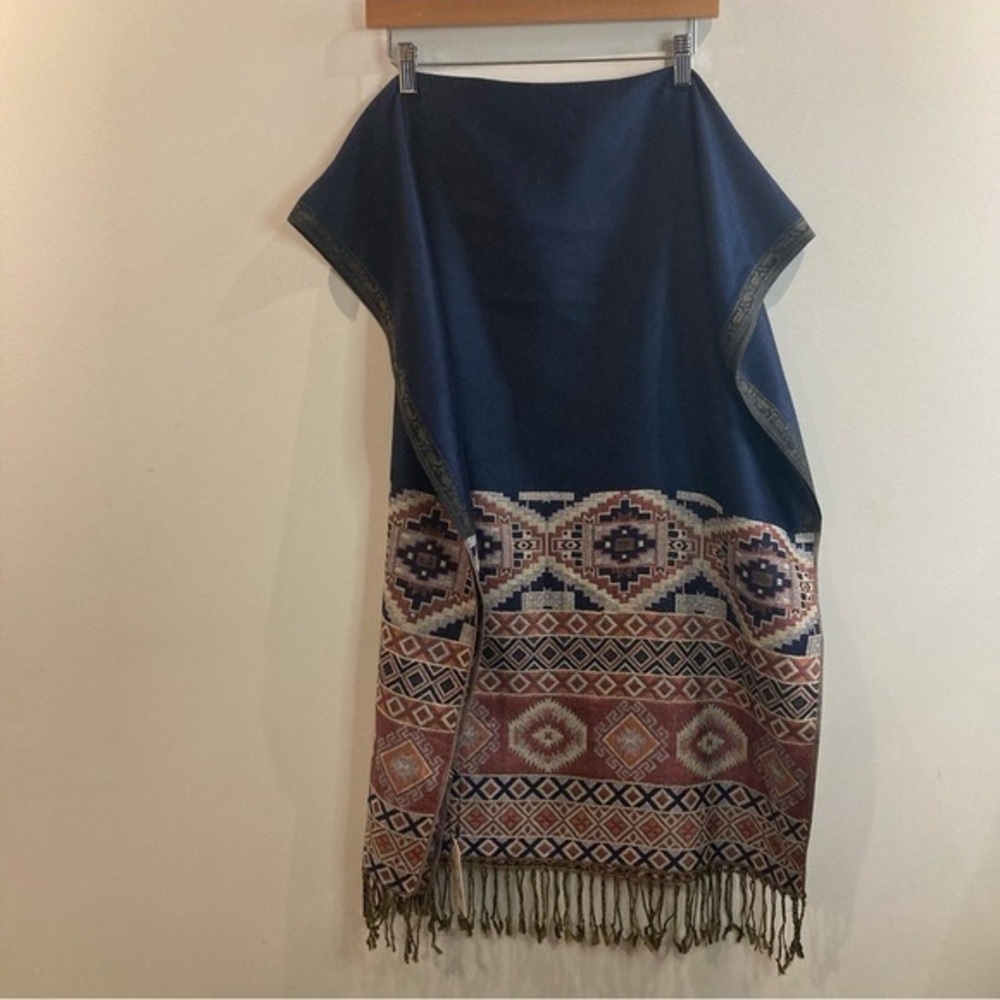 Navy Blue Boho Patterned Poncho with Fringe